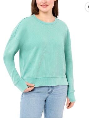 Seven7 Mint Green Waffle Knit Top Large Long Sleeve Crewneck EUC